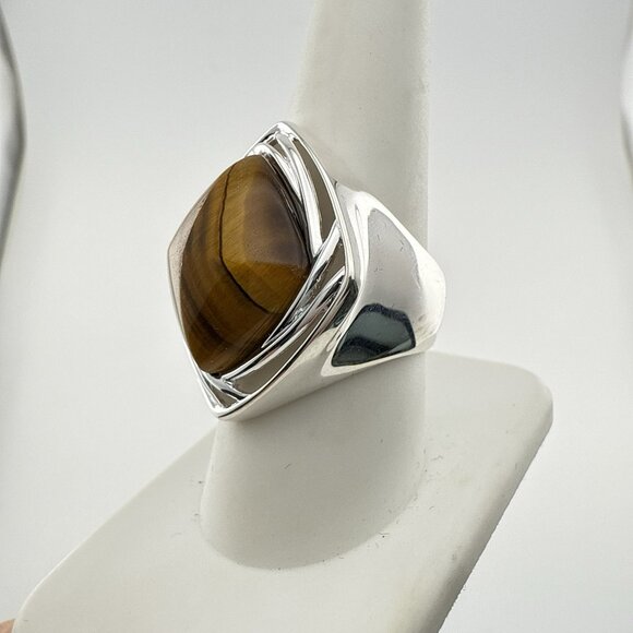 QVC Tigers Eye Ring Sterling Silver Modernist Cabochon Pyramid 925 Size 9 - Picture 5 of 15